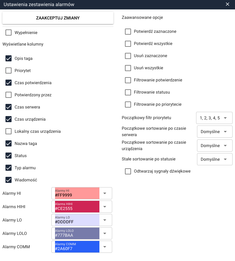 Okno konfiguracji Zestawienia alarmów