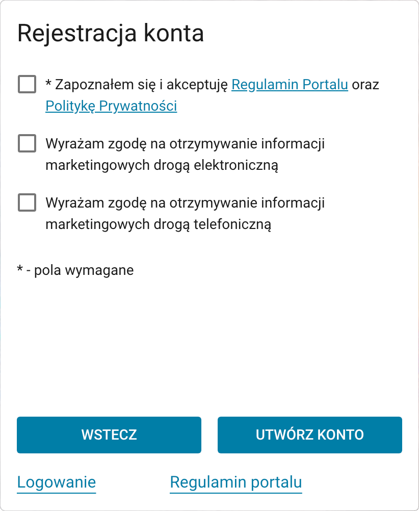 Rejestracja - akceptacja regulaminów